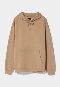 Beżowa bluza z kapturem wykonana z miękkiego materiału, wyposażona w kaptur ze sznurkiem, przednią kieszeń kangura oraz ściągacze na rękawach. Prosty design bez wzorów.