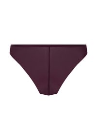 Burgunderfarbene Damenbikinihose mit glatter Textur, vollflächiger Bedeckung hinten und einem schlichten, minimalistischen Design. Keine Muster oder Verzierungen.