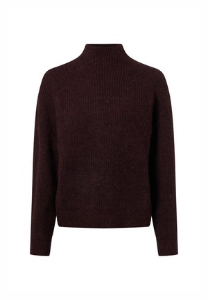 Ciemnobrązowy sweter z prążkowanego materiału, z długimi rękawami i wysokim kołnierzem, prezentowany na białym tle.