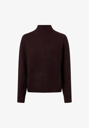 Pull en tricot côtelé marron foncé à manches longues et col montant, présenté sur un fond blanc.
