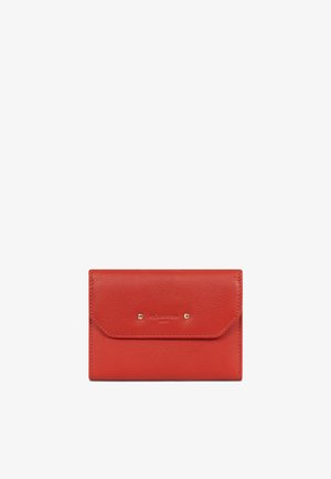 Red leather wallet with a flap closure secured by two gold-tone studs, embossed with "HEXAGONA Parisien" logo on front.