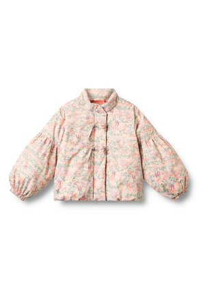 Kinder-steppjacke mit Blumenmuster in Pastellrosa, Grün und Lila, mit hohem Kragen und elastischen Bündchen an langen Ballonärmeln.