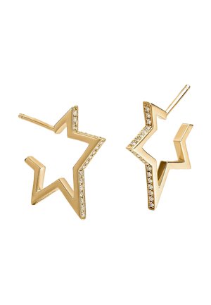 Pendientes en forma de estrella dorada con un diseño geométrico, con cristales de rhinestone transparentes incrustados a lo largo de los bordes para un toque adicional de brillo.