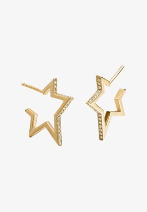 Pendientes en forma de estrella dorada con un diseño geométrico, con cristales de rhinestone transparentes incrustados a lo largo de los bordes para un toque adicional de brillo.