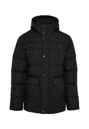 Schwarze Pufferjacke mit Kapuze, mit gesteppter Textur, Druckknöpfen, zwei vorderen Taschen und Reißverschlusstaschen auf der Brust.