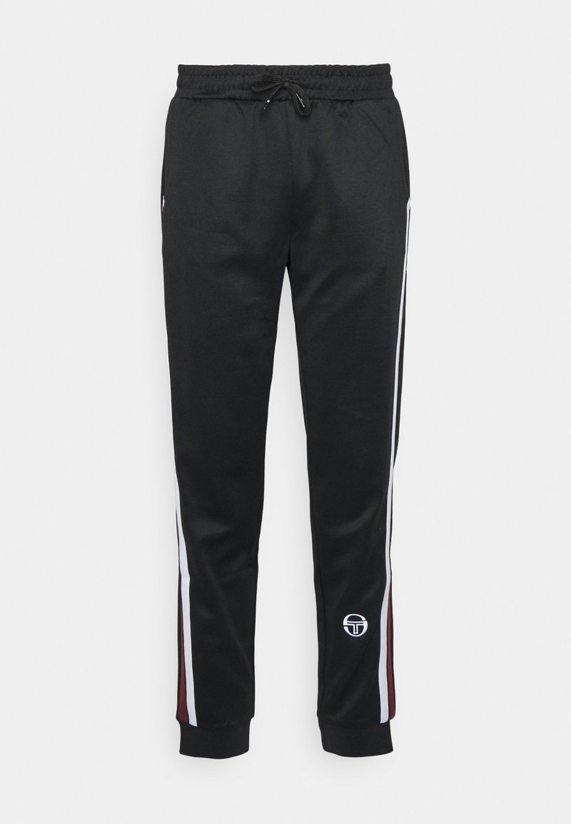 Juodos sportinės kelnės su elastine juosmena, raišteliu ir šoninėmis juostelėmis baltos ir raudonos spalvos. Apatinėje kojos dalyje yra logotipas.