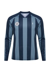 Långärmad fotbollströja i mörk marinblå med ljusblå randig design, med nättextur, V-hals och logga på vänster bröst.