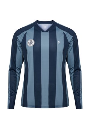 Langærmet fodboldtrøje i mørk navy og lyseblå stribet design, med mesh tekstur, V-hals og logo på venstre bryst.