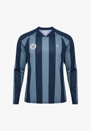 Langærmet fodboldtrøje i mørk navy og lyseblå stribet design, med mesh tekstur, V-hals og logo på venstre bryst.