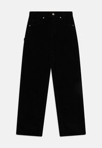 Pantaloni in corduroy neri con un design a gamba dritta, dotati di chiusura a bottone, dettagli in hardware argentato e righe verticali testurizzate.