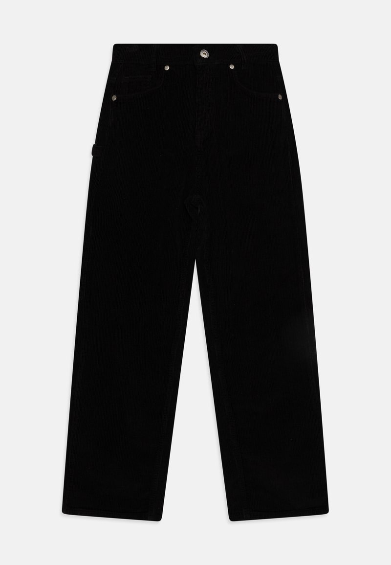 Pantaloni in corduroy neri con un design a gamba dritta, dotati di chiusura a bottone, dettagli in hardware argentato e righe verticali testurizzate.