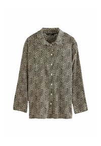 Camisa de estampado de leopardo hecha de tela ligera; con botones en la parte delantera, mangas largas, cuello puntiagudo y acentos negros sobre un fondo beige.