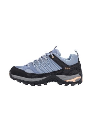 Blue and black CMP hiking shoe with rugged sole, lace-up design, and padded collar for ankle support.