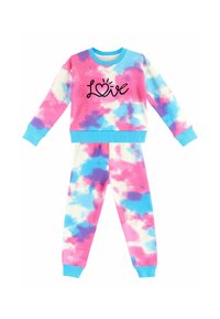 Sada pyžama s tye-dye vzorem v růžové, modré a bílé barvě. Mikina se znakem "Láska", odpovídající kalhoty s elastickými manžetami.