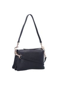 Borsa a tracolla in pelle nera con superficie texture, hardware dorato e tracolla regolabile. Presenta una chiusura con zip e due scomparti.