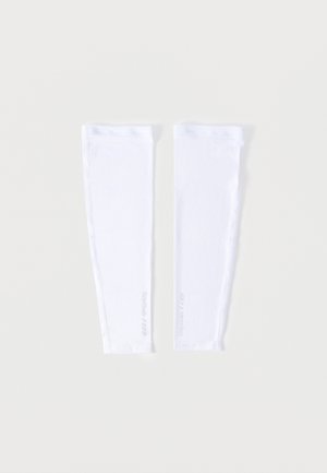 Pair of white fabric arm sleeves laid flat on a light background, each with subtle gray branding near the wrist.