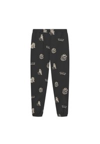 Zwarte sweatpants met elastische boorden, voorzien van een herhaald patroon van bulldogs en "Yale"-tekst in beige tinten. Zachte stof textuur.