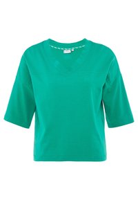 Zielona koszulka z dekoltem w serek, wykonana z miękkiej bawełny, z krótkimi rękawami i luźnym krojem. Delikatny detal z logo z przodu oraz gładka tekstura.