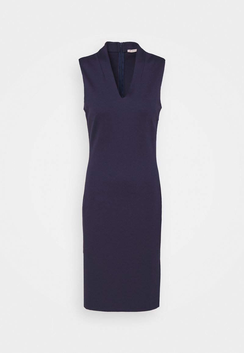 Robe sans manches bleu marine longueur genou avec un profond décolleté en V et fermeture éclair au dos, silhouette ajustée et design épuré.