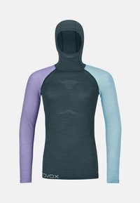 Hooded long-sleeve shirt with a fitted design; dark gray body with pastel purple and light blue sleeves; soft texture; sports branding at the hem.