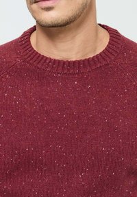 Gros plan sur le bas du visage et le cou d'un homme portant un pull en maille bordeaux à motifs, avec un col rond côtelé.