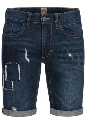 Donkerblauwe denim shorts met vervaagde gebieden en versleten accenten. Voorzien van opgerolde zoom en standaard voorzakken; voor sluiting met een knoop.