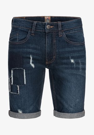 Dunkelblaue Jeansshorts mit ausgebleichten Stellen und used-Look-Akzenten. Mit umgeschlagenem Saum und normalen Vorderaschen; vorn mit Knopfverschluss.