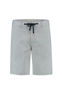 Shorts rayés pour hommes en tissu bleu et blanc, avec une taille élastique à cordon de serrage, deux poches avant et une coupe ajustée.