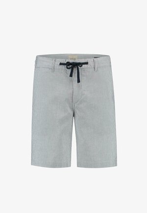Shorts rayés pour hommes en tissu bleu et blanc, avec une taille élastique à cordon de serrage, deux poches avant et une coupe ajustée.