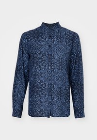 Camicia a maniche lunghe blu navy con intricati motivi floreali e geometrici in azzurro chiaro, dotata di chiusura con bottoni e collo alla cinese.