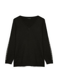 Czarny sweter z dekoltem w serek, z długimi rękawami, teksturowana tkanina, z metalicznymi detalami po bokach. Luźny krój. Klasyczny styl.