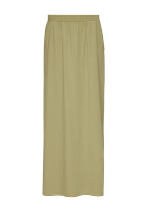 Długa, oliwkowozielona spódnica wykonana z miękkiego materiału. Posiada elastyczny pas i sięga do kostek, z prostym, prostym krojem.