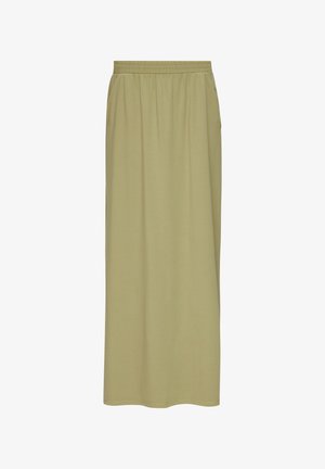 Długa, oliwkowozielona spódnica wykonana z miękkiego materiału. Posiada elastyczny pas i sięga do kostek, z prostym, prostym krojem.