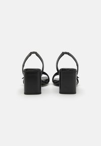 Black heeled sandals with a smooth leather finish, featuring slender straps and a chunky square heel, viewed from the back.