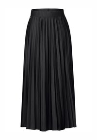 Zwarte plooienrok met een gestructureerde tailleband. Kenmerkt zich door verticale plooien en een lange, vloeiende uitstraling, geschikt voor verschillende gelegenheden.