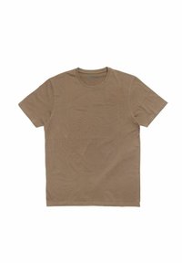 Korte mouwen, ronde hals T-shirt in een effen taupe kleur. Gemaakt van zacht katoen met een gladde textuur en eenvoudig ontwerp.