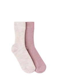Ribbad strumpor i ljusrosa och dammig rosafärg. Mjukt material med en något texturerad yta. Utformad för komfort och värme.