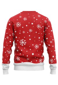 Roter Strickpullover mit weißen Schneeflocken und Polka Dots, mit gerippten Bündchen und Saum in einem helleren Farbton. Klassisches Rundhalsausschnitt-Design.