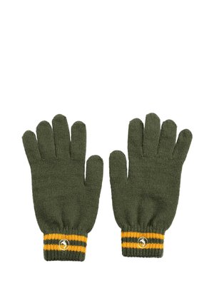 Par de guantes de punto verde oliva con puños a rayas amarillas y verde oscuro y pequeños logotipos redondos en cada puño.