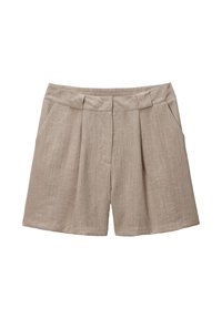 Shorts en lin beiges à coupe décontractée, avec des plis sur le devant et des poches latérales, présentant une surface texturée et une taille élastique.