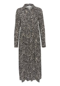 Abito midi a maniche lunghe con colletto, caratterizzato da un motivo floreale astratto nei colori nero, beige e bianco, di vestibilità ampia e apertura centrale con bottoni.