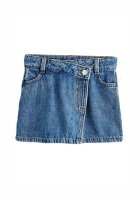 Spijkerrokje in blauw met een knoopsluiting aan de voorkant, een enkele zak en een afgewerkte zoom. Heeft een klassiek model met zichtbare stiksel details.