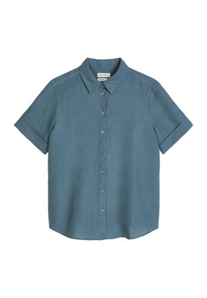 Blaues Leinenhemd mit kurzen Ärmeln, Knöpfen vorne und klassischem Kragen, Ärmel mit Manschetten flach aufgelegt.