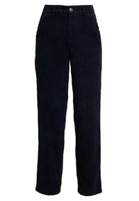 Marinblå kordflöjlbyxor med vertikal ribbning, knäppt midja och rak bendesign. tyg: strukturerat, mjukt. Kjol: något rundad.