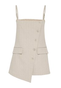 Abito beige con spalline sottili, un motivo a quadretti testurizzato, un'apertura con bottoni frontale e due tasche applicate in vita, con un orlo diagonale.
