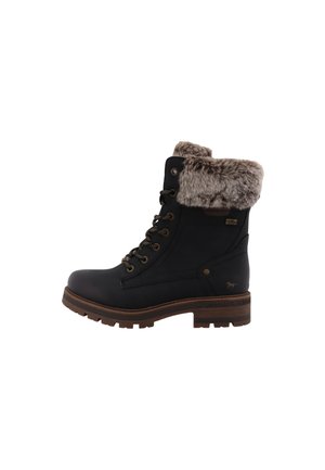 Zwarte veter-winterlaars met bruine zool en dikke grijze bontkraag rond de enkel, rechter zijprofiel zichtbaar.