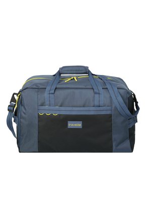 Borsa sportiva morbida blu e nera con cerniere gialle, doppi manici, tracolla e tasca frontale con marchio "travelite."