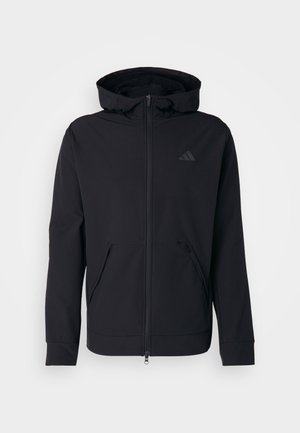 Black zip-up hoodie with a smooth texture, adjustable hood, and two front pockets. Features a subtle logo on the chest.