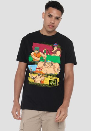 Black cotton t-shirt featuring colorful graphic print of cartoon characters from South Park in multiple action poses. Front design includes bold text.