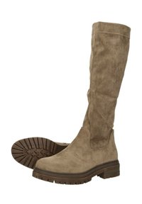 Knee-high bruine suède laarzen met een ronde neus, een gestructureerd bovenwerk en een dikke rubberen zool met een profiel voor grip.